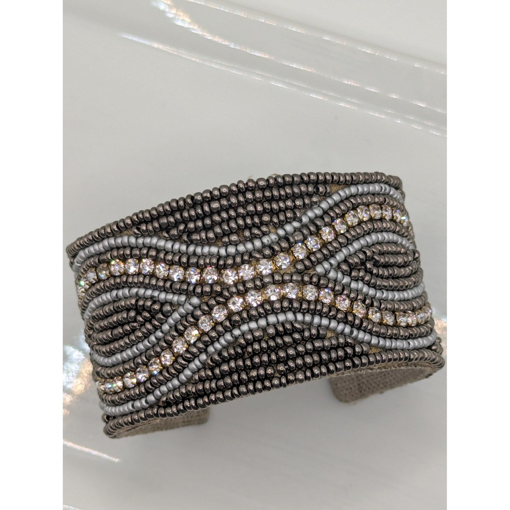 Womens Beaded Cuff Bracelet Sparkle Rhinestone Woven Design‎ Statement Bangle